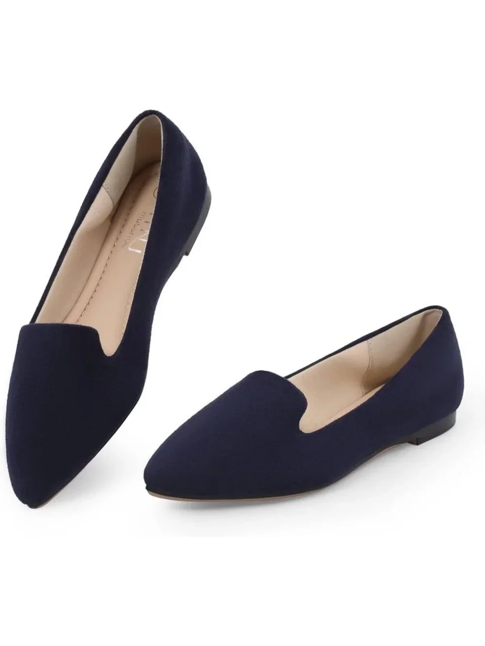 Women's Navy Blue Suede Comfortable Pointed Toe Memory Foam Slip On Flat Shoes